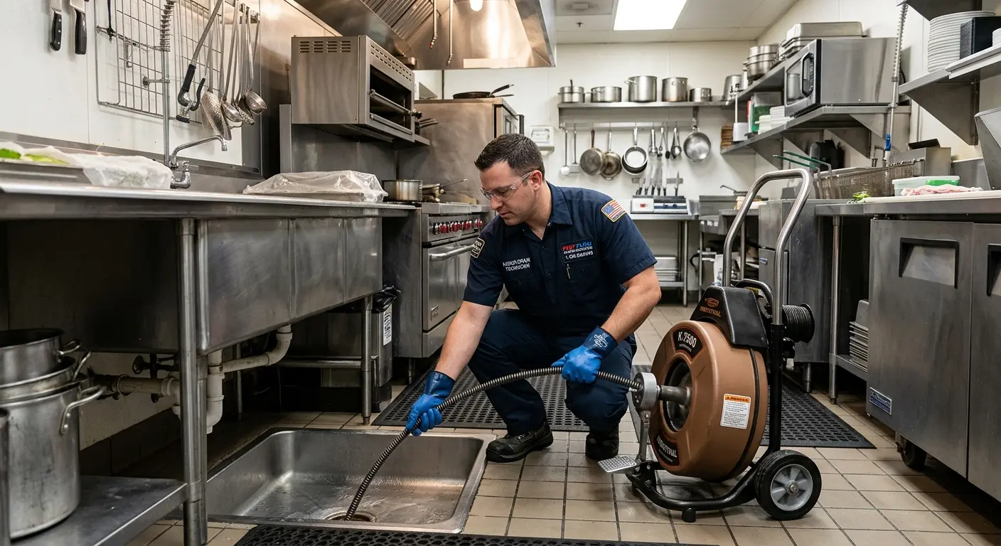 Commercial drain cleaning service in a restaurant kitchen in Sandston