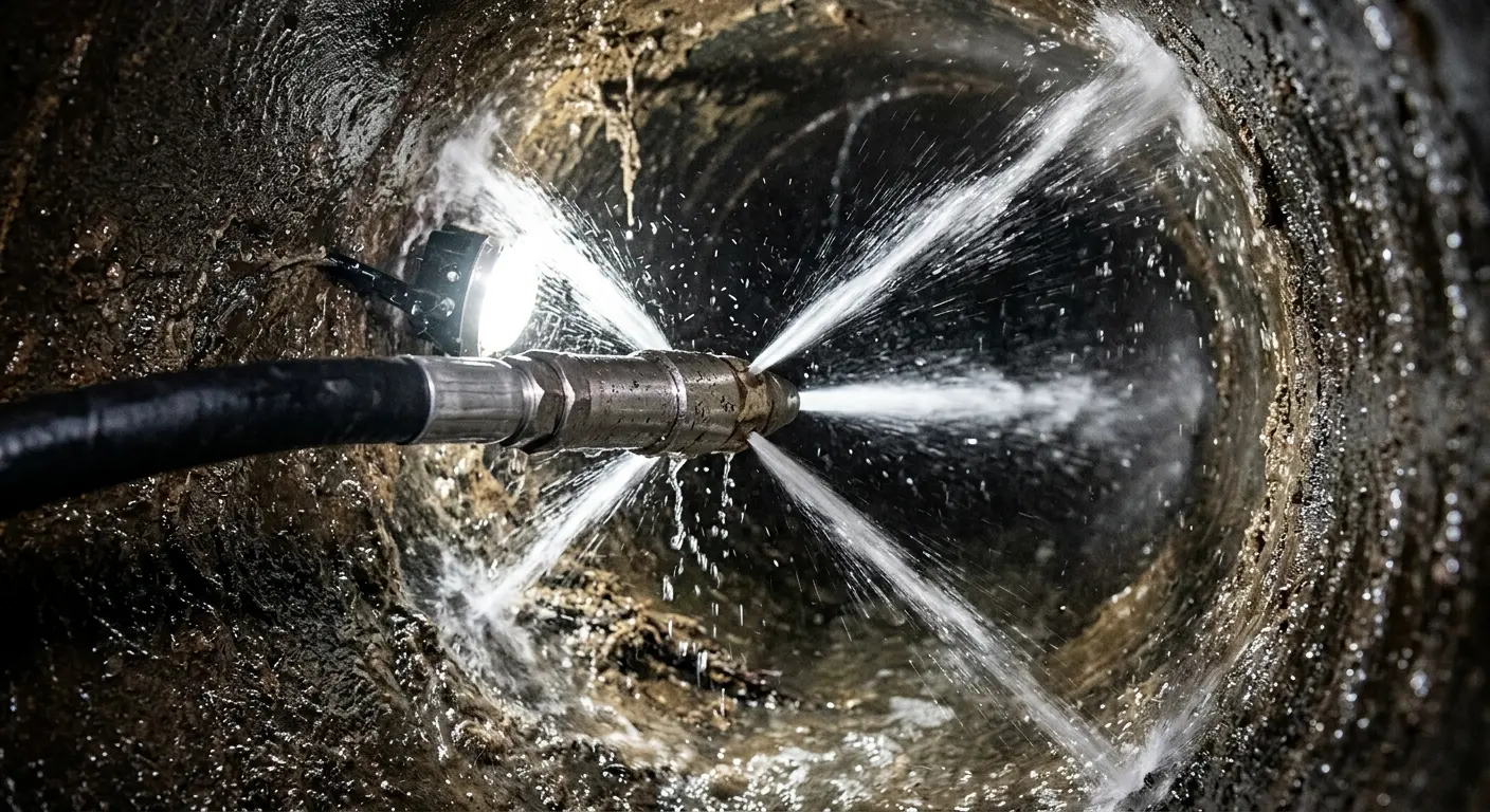 High-pressure hydro jetting nozzle cleaning sewer pipe for Emergency Drain Service in Sandston