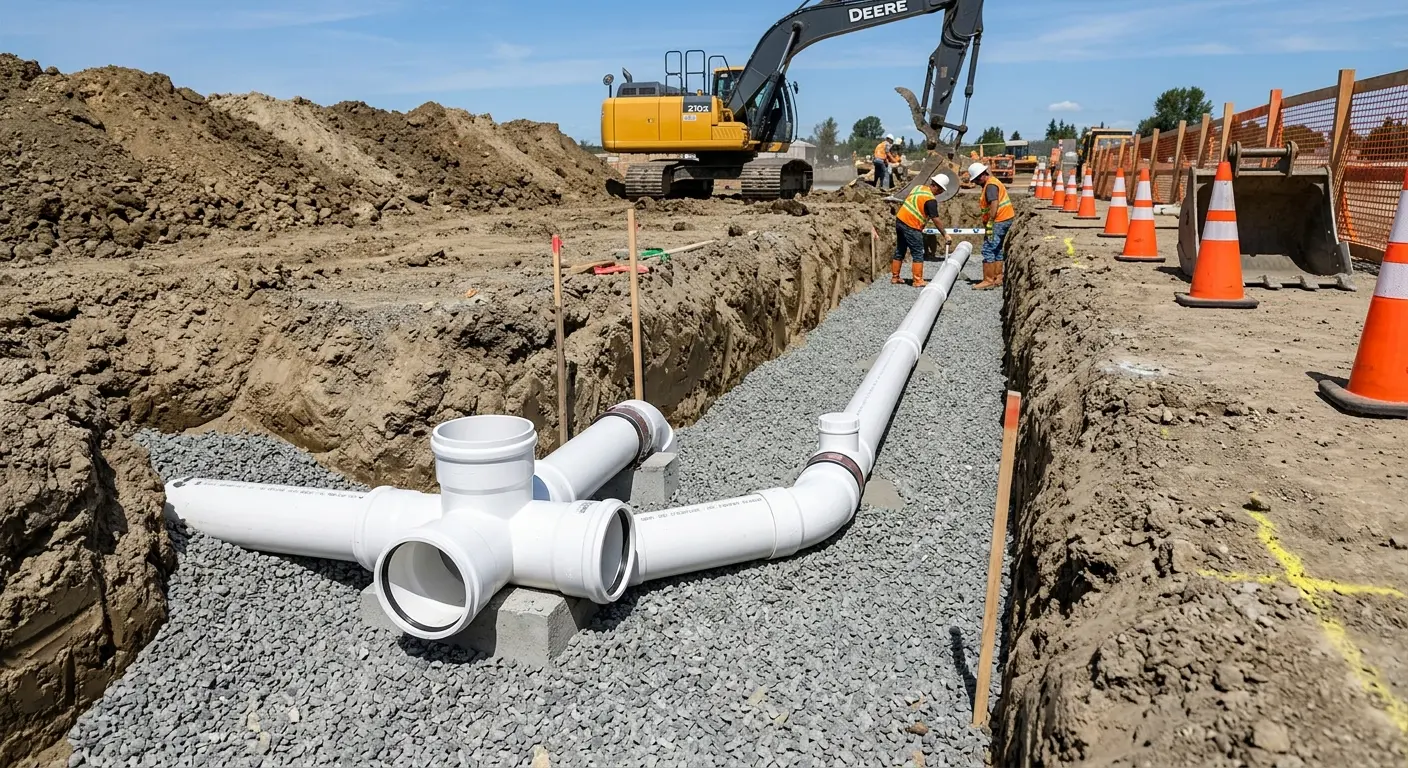 New PVC sewer pipe installation in open trench for Commercial Drain Cleaning in Sandston