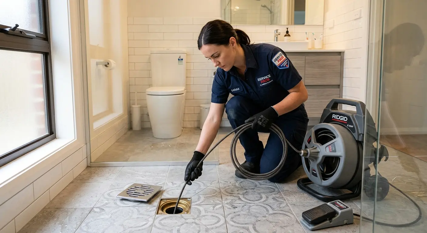 Technician clearing a bathroom floor drain for Hydro Jetting in Sandston